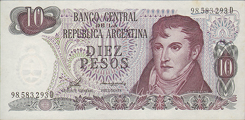 Купюра "10 песо" Аргентина, вторая половина ХХ века см Сохранность хорошая, небольшие пятна инфо 12560k.