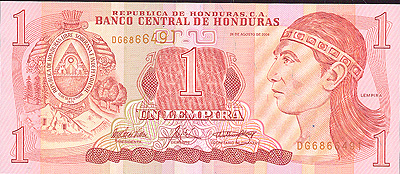 Купюра "1 лемпира" Гондурас, 2004 год 15,5 см Сохранность очень хорошая инфо 12588k.