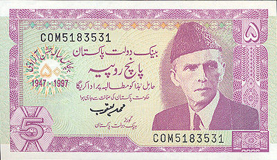 Купюра " 5 рупий" Пакистан, 1997 год в качестве отца-основателя национальной государственности инфо 12603k.
