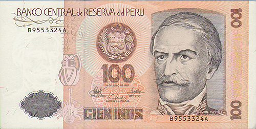 Купюра "100 инти" Перу, 1987 год перуанского генерала и государственного деятеля инфо 12639k.