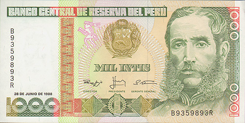 Купюра "1000 инти" Перу, 1988 год инками в 1470 г н э инфо 12641k.