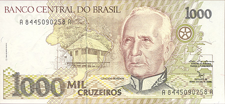 Купюра "1000 крузейро" Бразилия, 1990-е гг Мариано да Сильва Рондона (1865—1958) инфо 12645k.