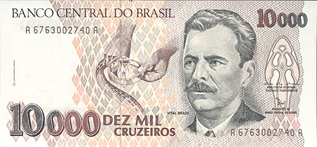 Купюра "10000 крузейро" Бразилия, конец XX века Бразиля Минейро де Кампаны (1865–1950) инфо 12647k.
