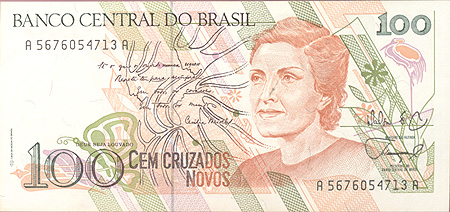 Купюра "100 крузадо" Бразилия, вторая половина ХХ века х 14 см Сохранность хорошая инфо 12649k.