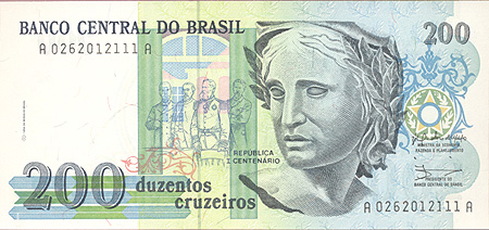 Купюра "200 крузейро" Бразилия, конец XX века 5,5 см Сохранность очень хорошая инфо 12659k.
