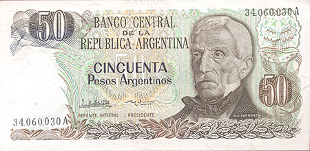 Купюра "50 аргентинских песо" Аргентина, начало XXI века х 7,5 см Сохранность хорошая инфо 12661k.
