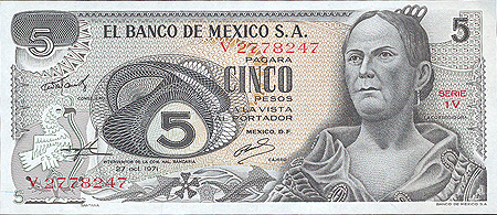 Купюра "5 песо" Мексика, 1971 год 15,5 см Сохранность очень хорошая инфо 10068b.