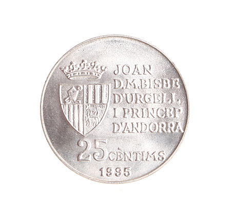 Монета "25 сантимов" Металл Андора, 1995 год осей аверса и ревеса: 12 инфо 4793e.