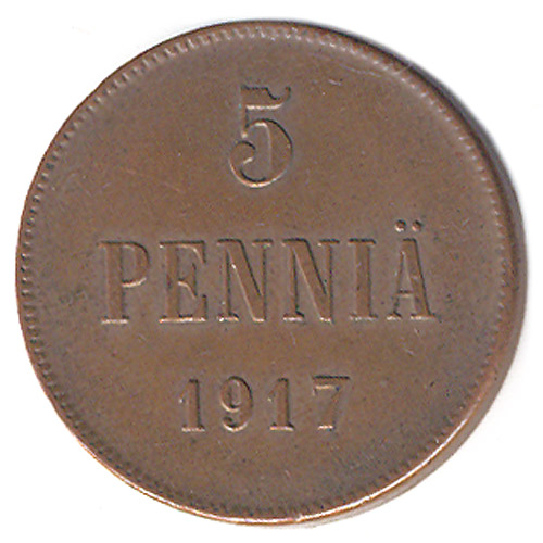 Монета номиналом 5 пенни Медь Финляндия в составе Российской Империи, 1917г 1917 г инфо 9881g.