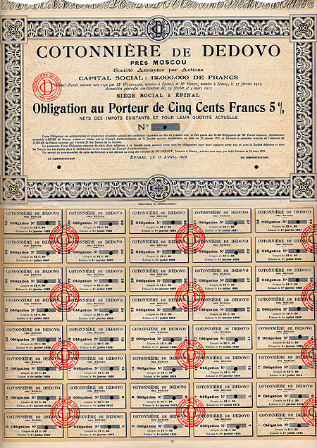 Ценная бумага "Cotonniere de Dedovo pres Moscou, оbligation au Porteur de Cinq Cents Francs 5%" (Россия, 1913 год) заема была выпущена тиражом 12000 инфо 10328g.