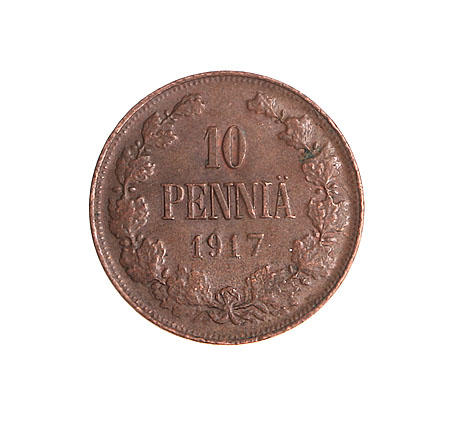 Монета номиналом 10 пенни Медь Финляндия в составе Российской Империи, 1917 год 1917 г инфо 10482g.