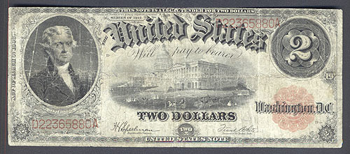 Банкнота 2 доллара С портретом Томаса Джефферсона США, серия 1917 года 1932 г инфо 10492g.