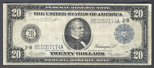 Банкнота 20 долларов С портретом Стивена Гровера Кливленда США, серия 1914 года 1930 г инфо 10495g.