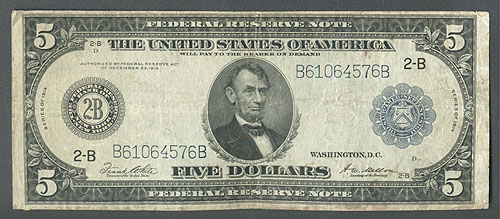 Банкнота 5 долларов С портретом Авраама Линкольна США, серия 1914 года 1930 г инфо 10500g.