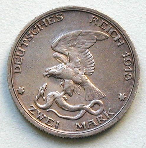 Монета номиналом 2 марки, Германия, 1913 1913 г инфо 10503g.