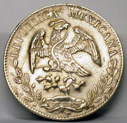 Монета номиналом 8 реалов (1 песо), Мексика, 1895 ("мексиканский доллар") 12 динерос соответствует чистому серебру) инфо 10506g.