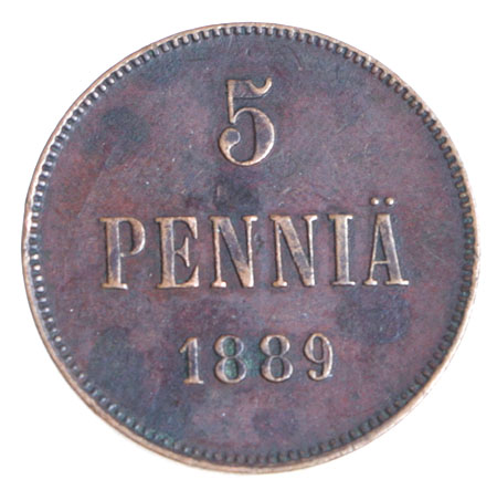 Монета номиналом 5 пенни Медь Финляндия в составе Российской Империи, 1889 год 1889 г инфо 10545g.