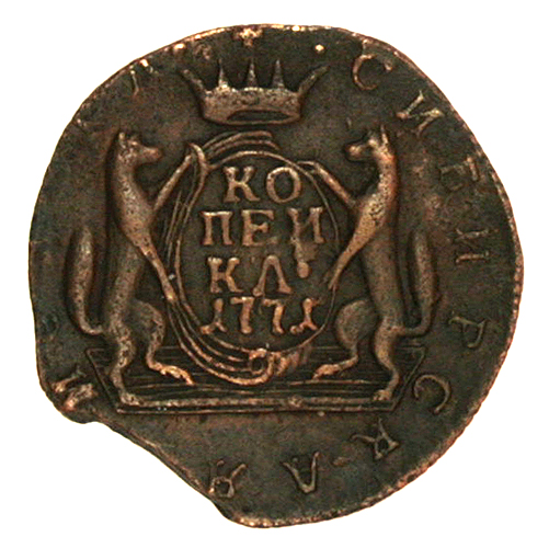 Монета Сибирская "Копейка" Медь Императорская Россия, 1771 год соболей Сохранность хорошая Небольшой скол инфо 10753g.