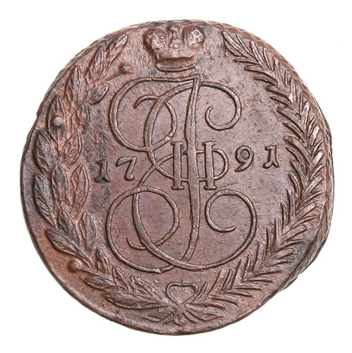 Монета номиналом 5 копеек (медь, Россия, 1791 год) 1791 г инфо 10756g.