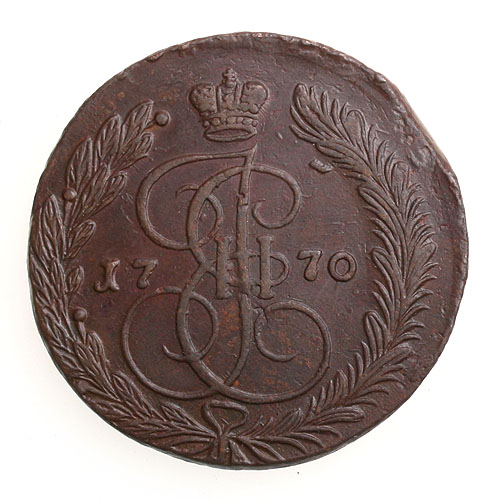 Монета номиналом 5 копеек Медь Россия, 1770 год Екатеринбургский монетный двор 1770 г инфо 10757g.