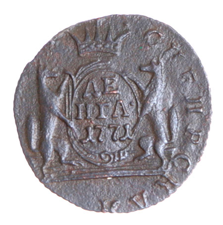 Монета "Денга" (медь, Россия, 1771 год) выступающие части рельефа Потемнения металла инфо 10804g.