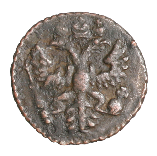 Монета "Полушка" (Медь - Россия, 1731 год) части рельефа, вмятины, потемнение металла инфо 10811g.