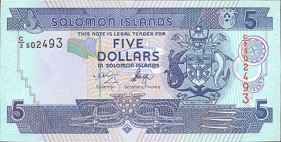 Купюра "5 долларов" Соломоновы острова, начало XXI века 14,3 см Сохранность очень хорошая инфо 12423g.