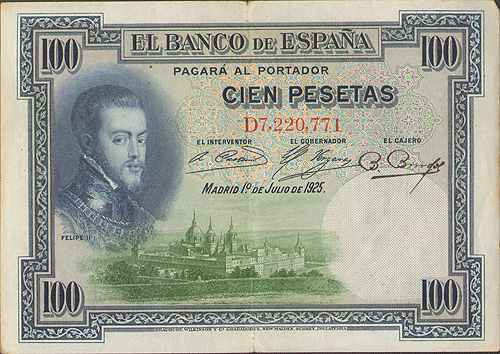 Купюра "100 песет" Испания, 1925 Карла V и Изабеллы Португальской инфо 12428g.