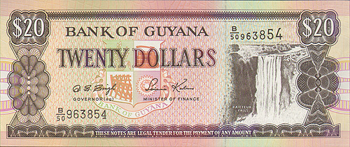 Купюра "20 долларов" Гайана, вторая половина XX века высокий водопад в Южной Америке инфо 12431g.