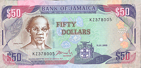 Купюра "50 долларов" Ямайка, 2005 год купюры помещен портрет Самуэля Шарпа инфо 12438g.