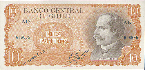 Купюра "10 эскудо" Чили, 2006 год низвергнут (1891) и покончил самоубийством инфо 12480g.