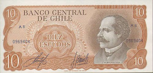 Купюра "10 эскудо" Чили, вторая половина XX века политического лидера и Президента (1886-1891) инфо 12481g.