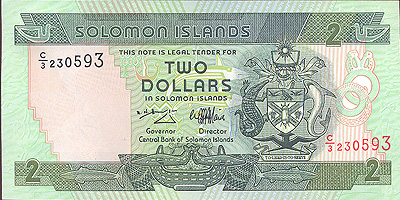 Купюра "2 доллара" Соломоновы острова, начало XXI века 13,9 см СОхранность очень хорошая инфо 12483g.