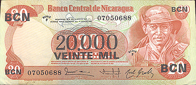 Купюра "20000 кордоба" Никарагуа, 1987 год Купюра с надпечаткой, увеличивающей стоимость инфо 12487g.