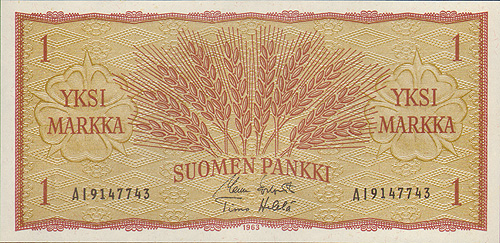 Купюра "1 марка" Финляндия, 1963 год х 14,2 см Сохранность хорошая инфо 12495g.