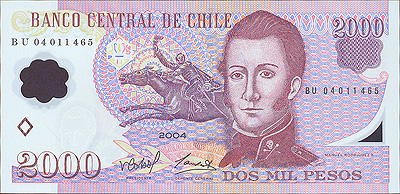 Купюра "2000 песо" Чили, 2004 год Америке 1810 - 26 гг инфо 12506g.