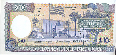 Купюра "10 песо" Уругвай, конец ХХ века х 15,8 см Сохранность хорошая инфо 12510g.