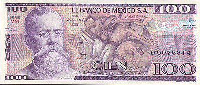 Купюра "100 песо" Мексика, начало XXI века 15,5 см Сохранность очень хорошая инфо 12534g.