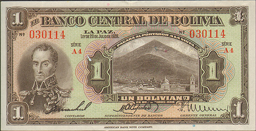 Купюра "1 боливано" Боливия, 1928 год также административный центр департамента Ла-Пас инфо 12538g.