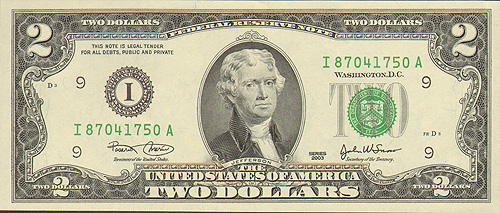 Купюра "2 доллара США" США, 2003 год дипломата и философа эпохи Просвещения инфо 12553g.