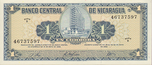 Купюра "1 кордоба" Никарагуа, 1968 год см Сохранность хорошая Мелкие пятна инфо 12554g.