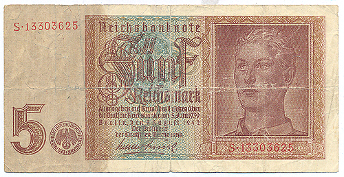 Купюра "5 рейхсмарок" Германия, 1942 год биллион папирмарок к одной рейхсмарке) инфо 12557g.