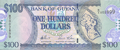 Купюра "100 долларов" Гайана, начало ХХI века 15,5 см Сохранность очень хорошая инфо 12558g.