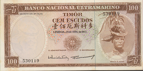 Купюра "100 эскудо" Тимор, 1963 год Алейксо (Regulo D Aleixo), тиморский лидер инфо 12564g.