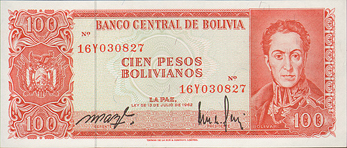 Купюра "100 песо" Боливия, 1962 конгрессом Венесуэлы провозглашён (1813) Освободителем инфо 12577g.
