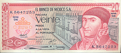 Купюра "20 песо" Мексика, 1977 год х 15,5 см Сохранность хорошая инфо 12578g.