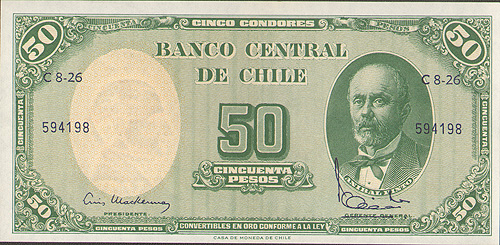 Купюра "50 песо" Чили, вторая половина ХХ века х 14,4 см Сохранность хорошая инфо 12620g.
